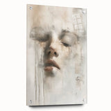 Abstract figurative wall art displayed in a side view, featuring vibrant colors and intricate designs, mounted with pins on a sleek acrylic glass.