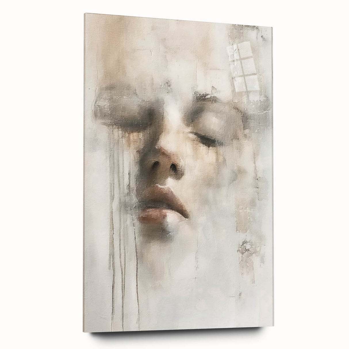 Abstract figurative wall art displayed from a side view, showcasing vibrant colors and intricate designs on acrylic glass, perfect for modern interior decor.
