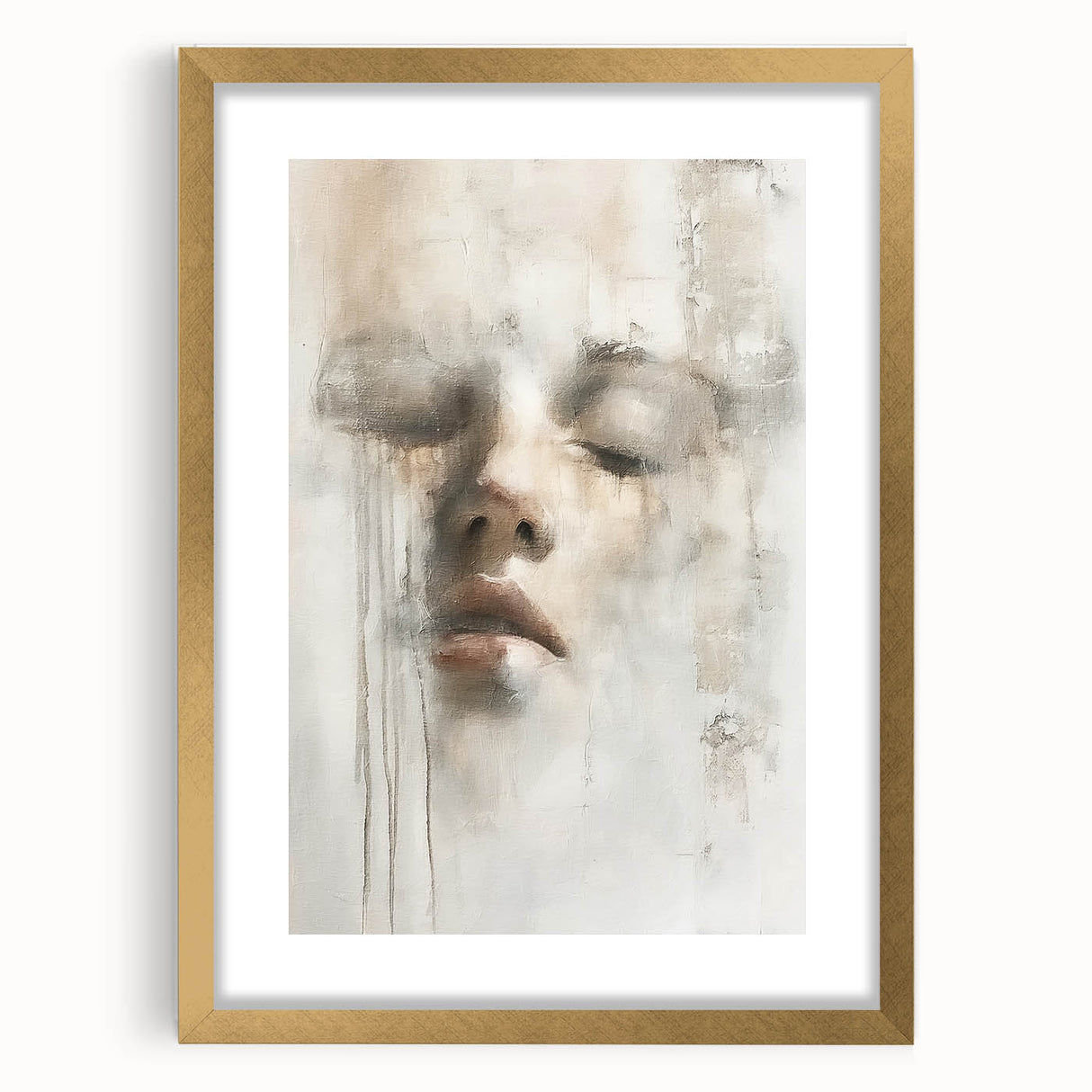Abstract figurative wall art framed with a gold mat, showcasing vibrant colors and dynamic shapes, perfect for modern home decor and artistic expression.