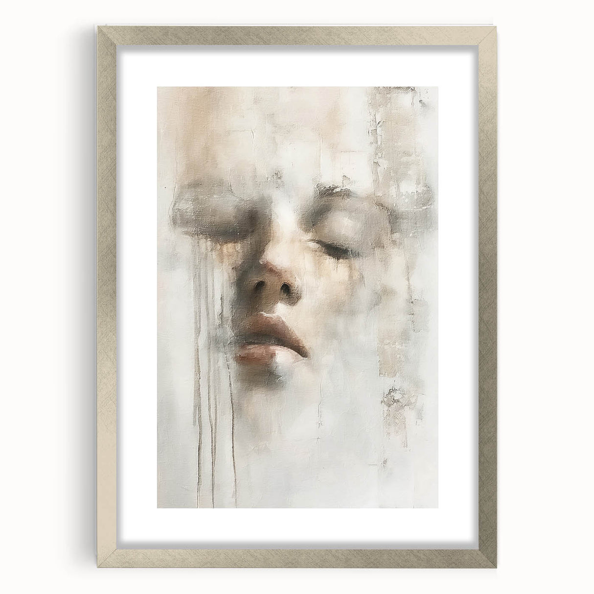 Abstract figurative wall art framed in silver, showcasing a modern design with vibrant colors and intricate details, perfect for contemporary home decor.