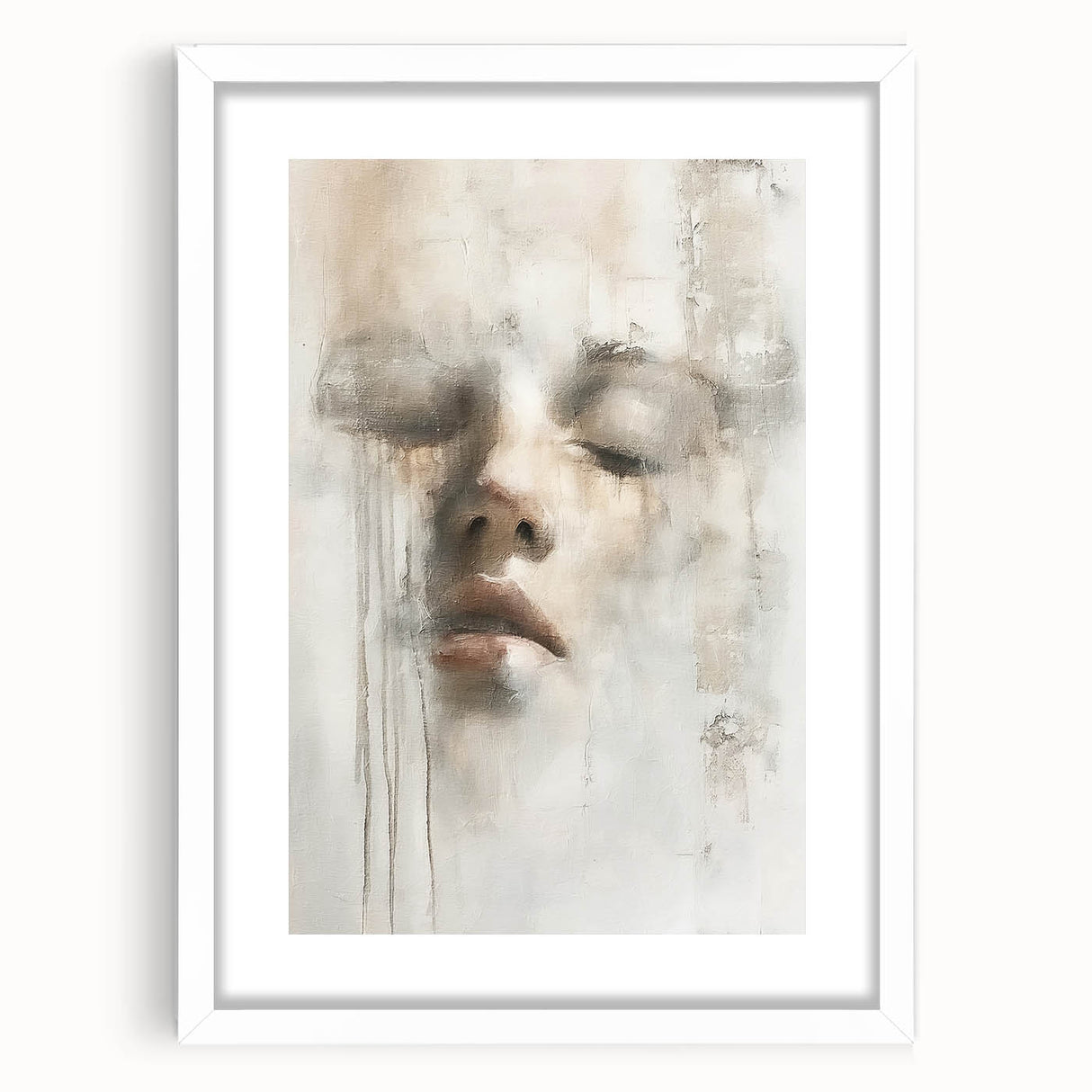 Abstract figurative wall art framed in white with a mat, showcasing vibrant colors and intricate shapes, perfect for modern home decor or artistic display.