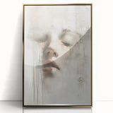 Framed abstract figurative wall art with gold accents, showcasing a modern design suitable for contemporary interiors, displayed against a neutral background.