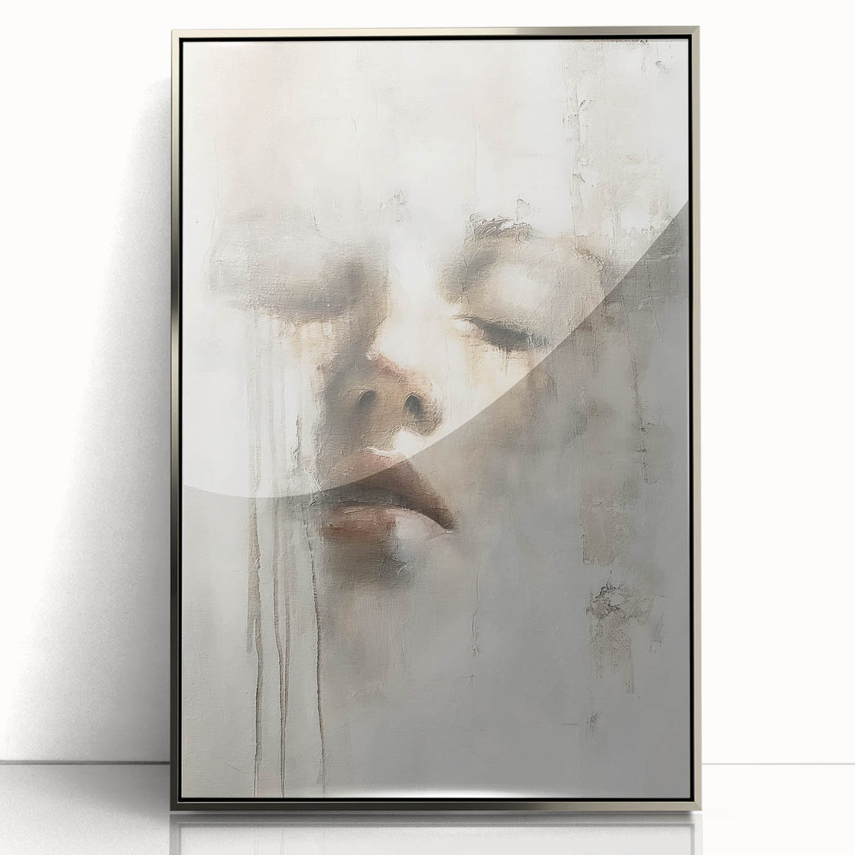 Abstract figurative wall art framed in silver acrylic, showcasing vibrant colors and dynamic shapes, perfect for modern home decor or office spaces.