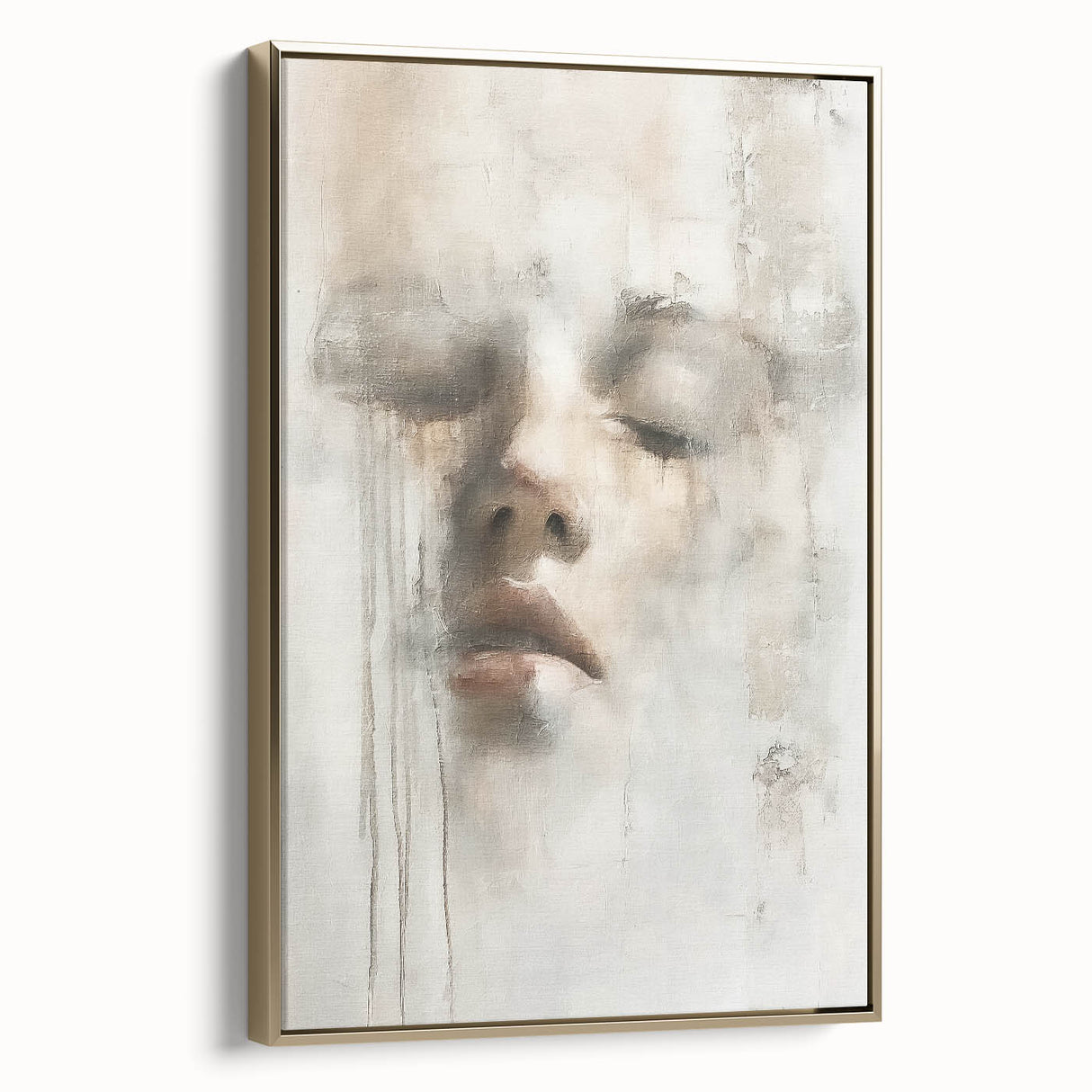 Framed abstract figurative wall art in gold tones, showcasing a modern design with a textured finish, displayed from the side against a neutral background.