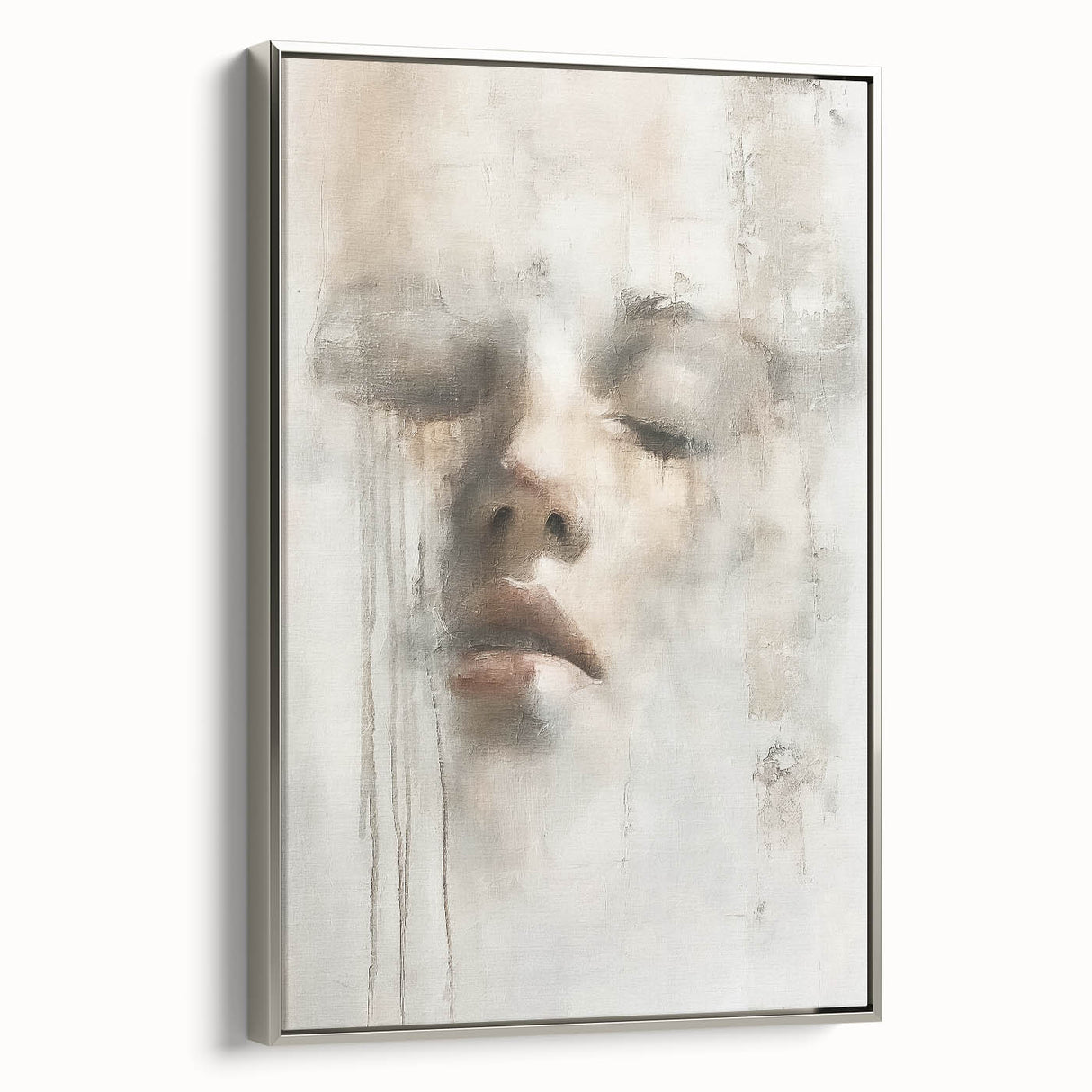 Framed abstract figurative wall art showcasing a silver and black design, displayed from a side view to highlight its sleek edges and modern aesthetic, perfect for contemporary decor.