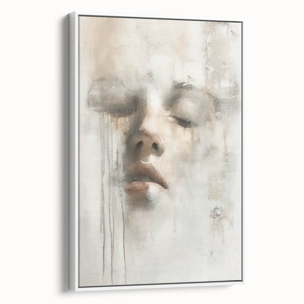 Framed abstract figurative wall art on a white canvas, showcasing dynamic shapes and muted colors, displayed in a modern living room setting.