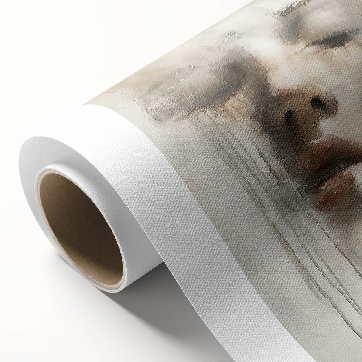 Abstract figurative wall art on rolled canvas, showcasing vibrant colors and dynamic shapes, perfect for modern home decor, presented in a protective cardboard tube.