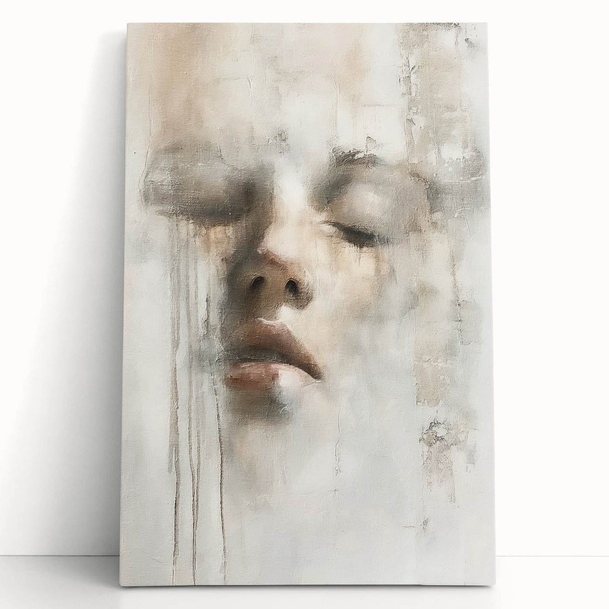 Abstract figurative wall art on stretched canvas, featuring vibrant colors and dynamic shapes, leaning against a neutral wall, perfect for modern decor.