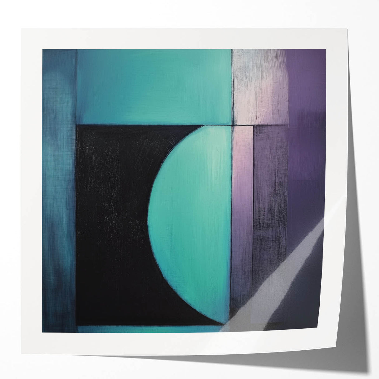 Abstract geometric art print mockup displayed in a glossy finish, showcasing vibrant colors and dynamic shapes, perfect for modern interior decor.