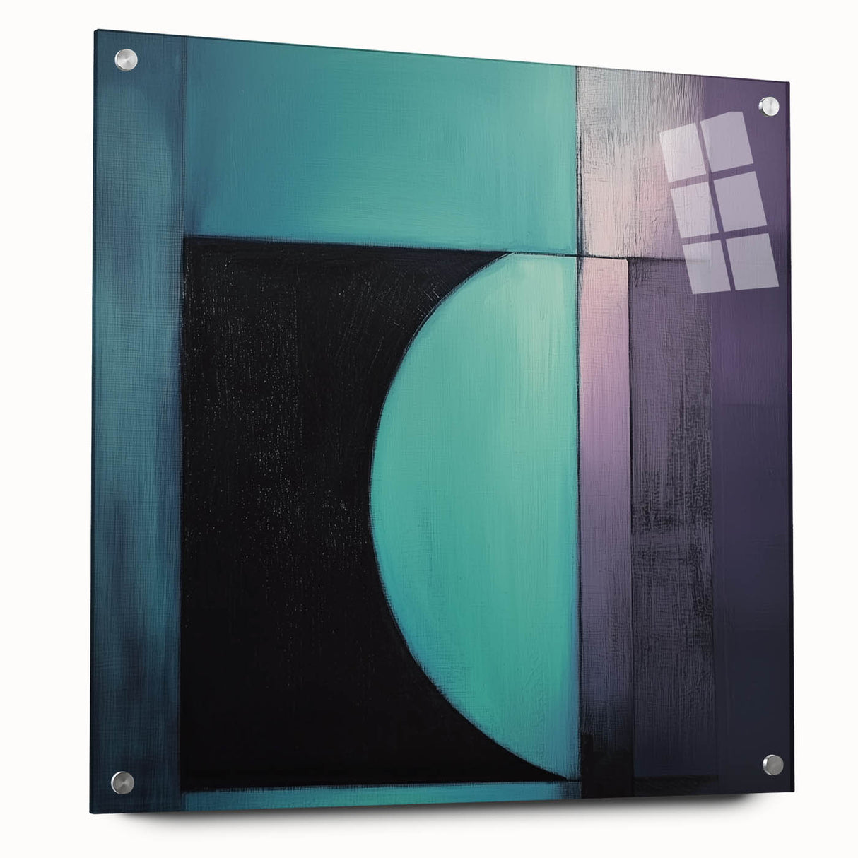 Abstract geometric acrylic glass artwork showcasing vibrant colors and intricate patterns, viewed from the side, held in place with stylish pins. Perfect for modern decor.