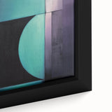 Close-up of a geometric abstract framed canvas showcasing vibrant colors and intricate shapes, perfect for modern home decor and artistic enhancement.