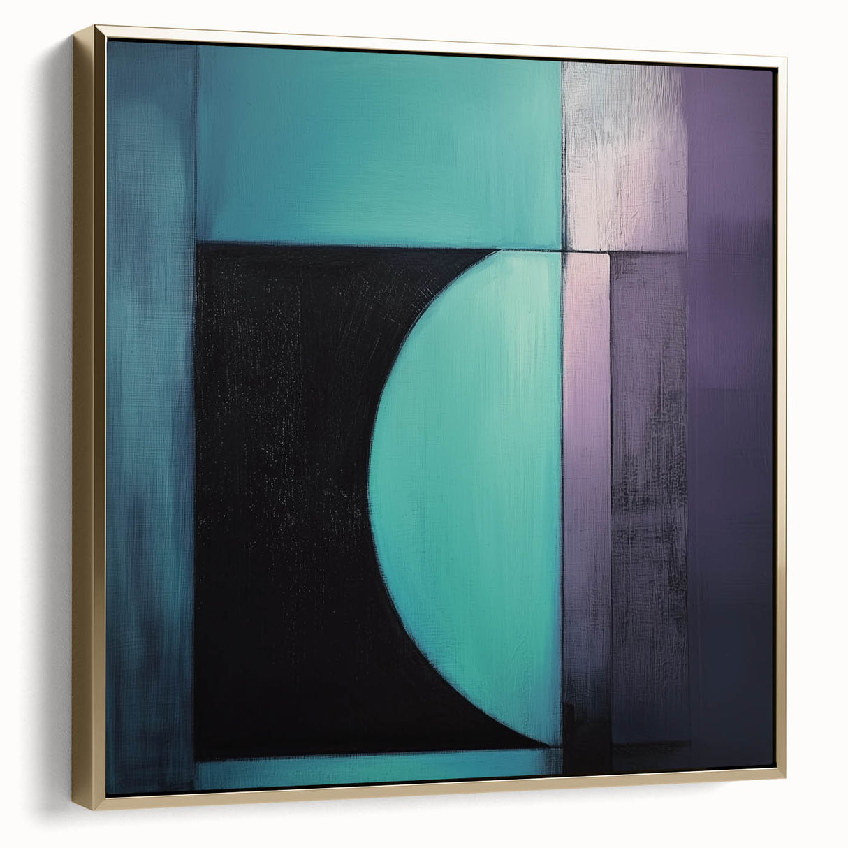 Abstract geometric framed canvas artwork in silver and gold tones, showcasing a modern design with sharp lines and shapes, perfect for contemporary decor.