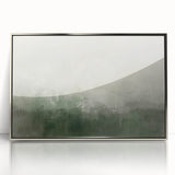 Framed abstract landscape wall art featuring a silver-acrylic finish, showcasing serene hues of blue and green, perfect for modern home decor enhancement.
