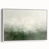 Framed abstract landscape wall art in a white frame, showcasing soft hues of blue and green with a contemporary design, perfect for modern home decor.