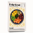 Acrylic glass wall art depicting assorted food dishes in vibrant colors, ideal for dining room decor.