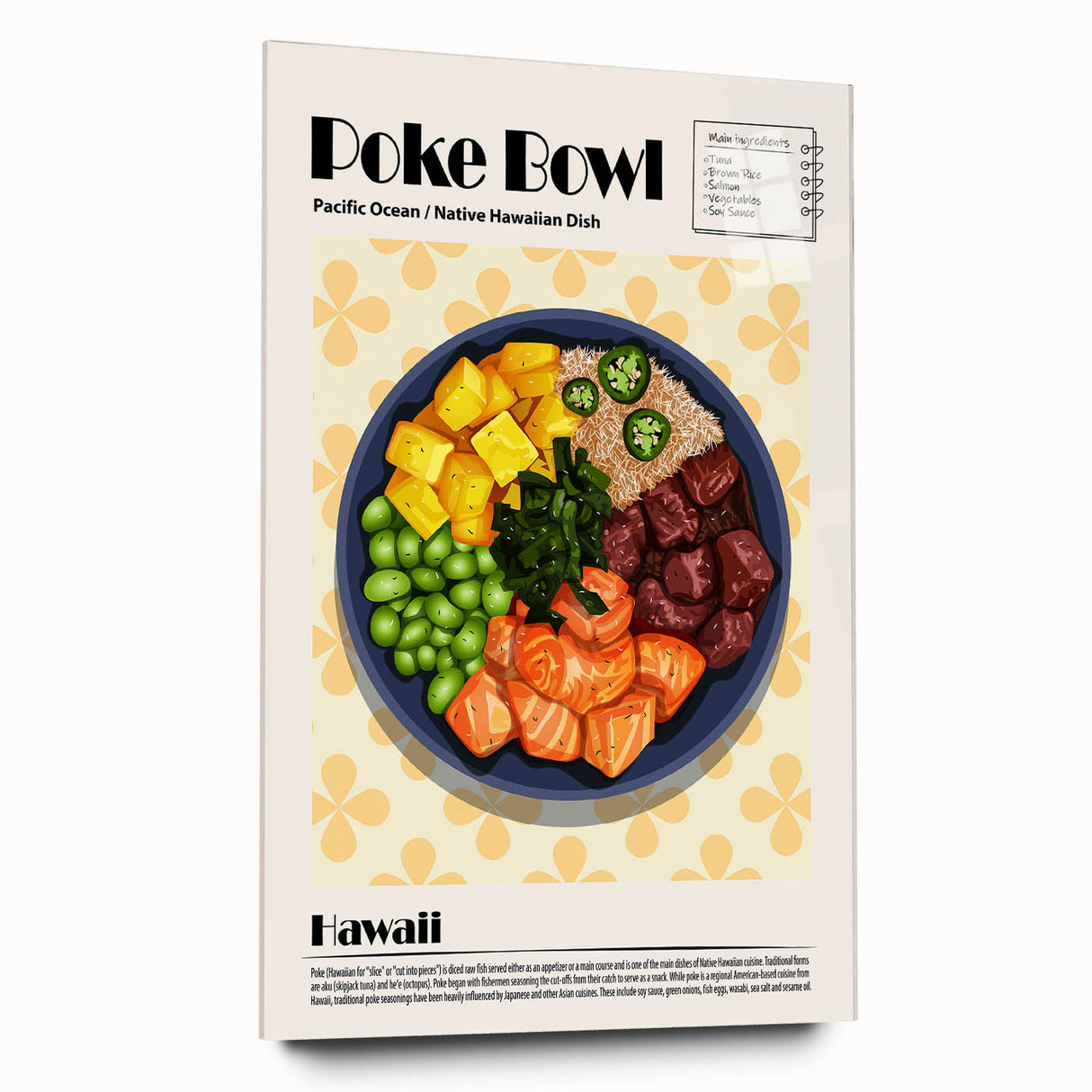 Large abstract wall art featuring assorted food dishes in vibrant colors on acrylic glass.