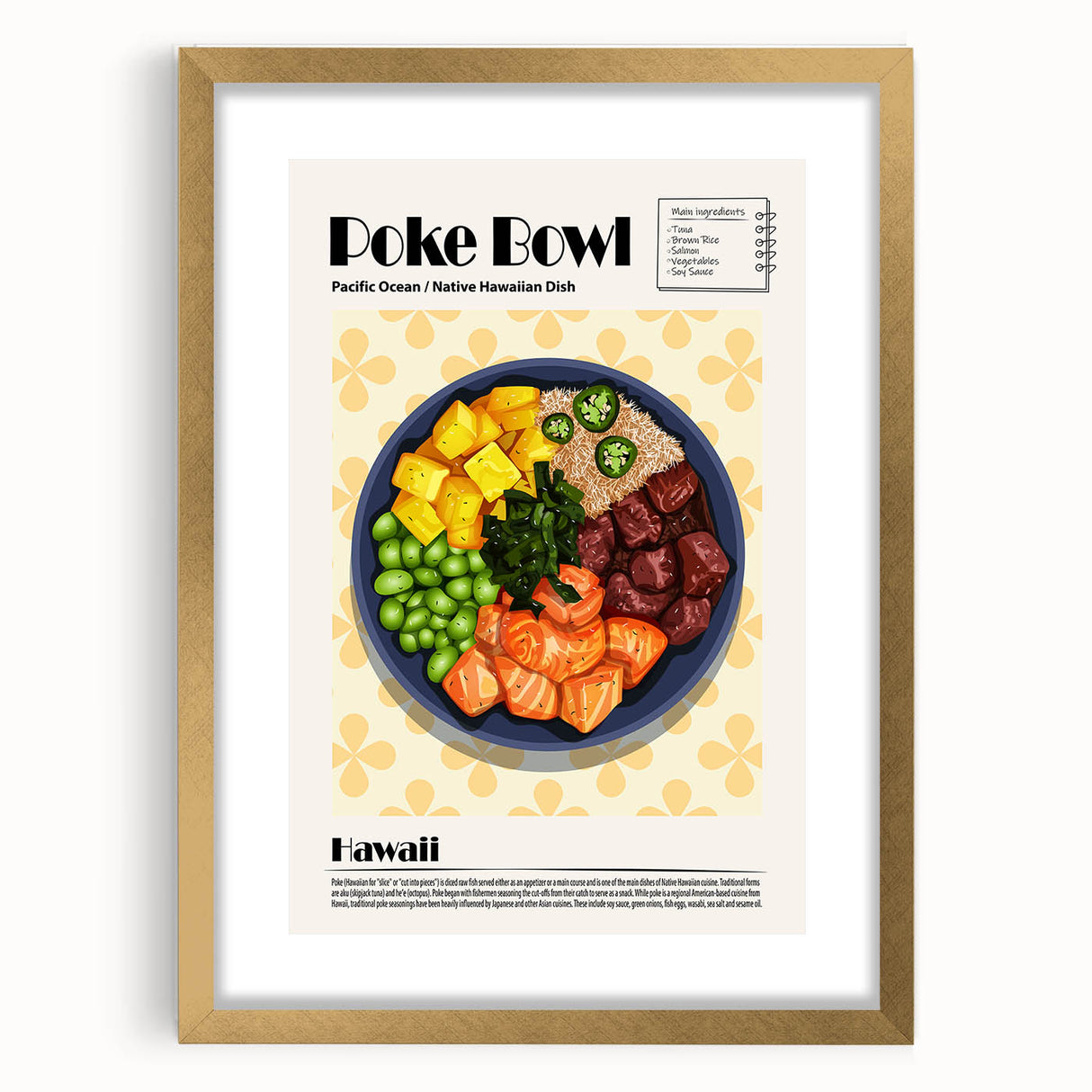 Extra large abstract art print featuring textured food dishes in earth tones, framed with a gold mat.