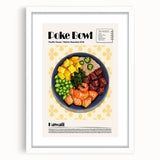 Abstract art print featuring assorted food dishes in muted earth tones on a white framed mat, suitable for dining room decor.