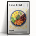 Large abstract wall art featuring mid-century modernist food dishes in black acrylic frame, suitable for dining room decor.