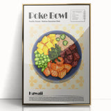 Framed acrylic print of assorted food dishes in gold tones, mid-century modernist style, suitable for modern kitchen decor.