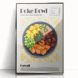 Mid-century modernist art depicting various colorful food dishes, in a silver-framed acrylic print.