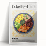 Art deco poster featuring an assortment of colorful food dishes on a white acrylic framed print.