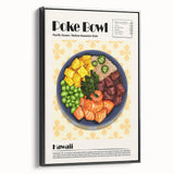 Black and white framed canvas featuring a vintage poster art style landscape of food dishes, ideal for bedroom wall decor.