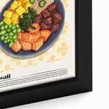 Close-up of extra large framed canvas featuring black wall art with colorful, textured depictions of various food dishes.