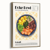 Framed canvas wall art featuring a vintage poster of assorted food dishes, in muted gold and black tones.