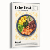 Vintage poster art of colorful food dishes on a large framed canvas, ideal for living room decor.