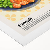 Art deco poster featuring an array of colorful food dishes on a rolled canvas, suitable for dining room decor.