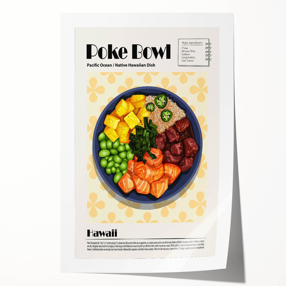 Extra large rolled print of various food dishes in muted earth tones, ideal for dining room wall art.