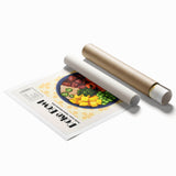 Extra large rolled print featuring a variety of food dishes in vibrant colors, ideal for classy bathroom wall art.