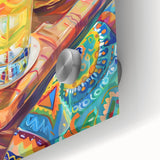 Large abstract wall art on acrylic featuring mid-century modernist style in vibrant colors, ideal for dining room ambiance.