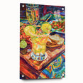 Large abstract wall art on acrylic glass showcasing vibrant food and drink motifs, ideal for dining room decor.