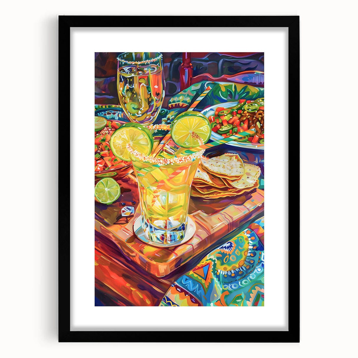 Extra large abstract art print with vibrant, colorful textures on a black framed canvas, ideal for living room decor.