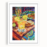 Abstract art print featuring swirling patterns in muted earth tones, framed with a white mat, suitable for dining room decor.