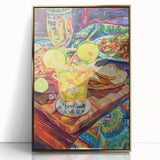 Art Deco poster of food and drinks in gold and black, framed acrylic, ideal for modern kitchen decor.