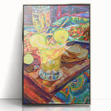 Large art print of food and drinks in mid-century modernist style, featuring muted earth tones on a silver-framed acrylic.
