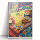 Mid-century modernist art featuring a stylized cocktail, in vibrant orange and teal tones, acrylic print framed in white.