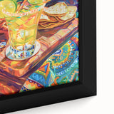 Extra large black wall art featuring colorful, textured food and drink motifs on a framed canvas.