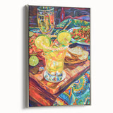 Landscape painting of colorful vintage food and drinks, displayed on a silver-framed black canvas.