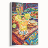 Vintage poster art of colorful cocktails on a black background, framed canvas, ideal for living room decor.