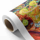 Art deco poster featuring stylized food and drink illustrations on rolled canvas, suitable for dining room decor.