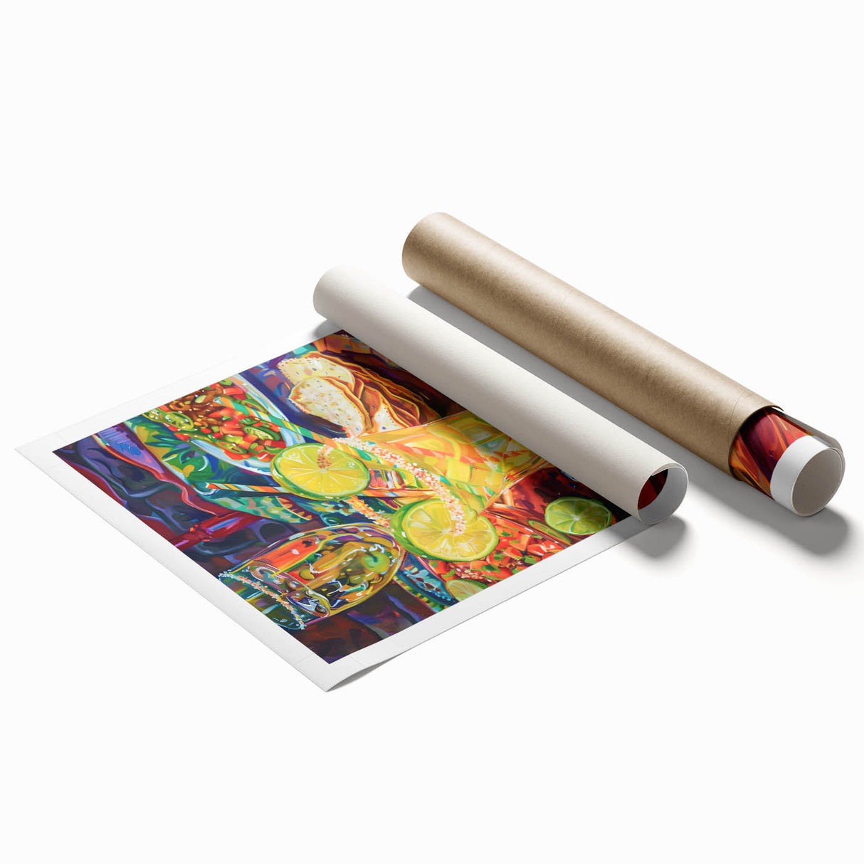 Extra large rolled print featuring floral art in pastel shades.