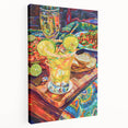 Large stretched canvas depicting a variety of colorful fruits and vegetables, ideal for kitchen wall art.