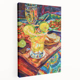 Large stretched canvas depicting a variety of colorful fruits and vegetables, ideal for kitchen wall art.