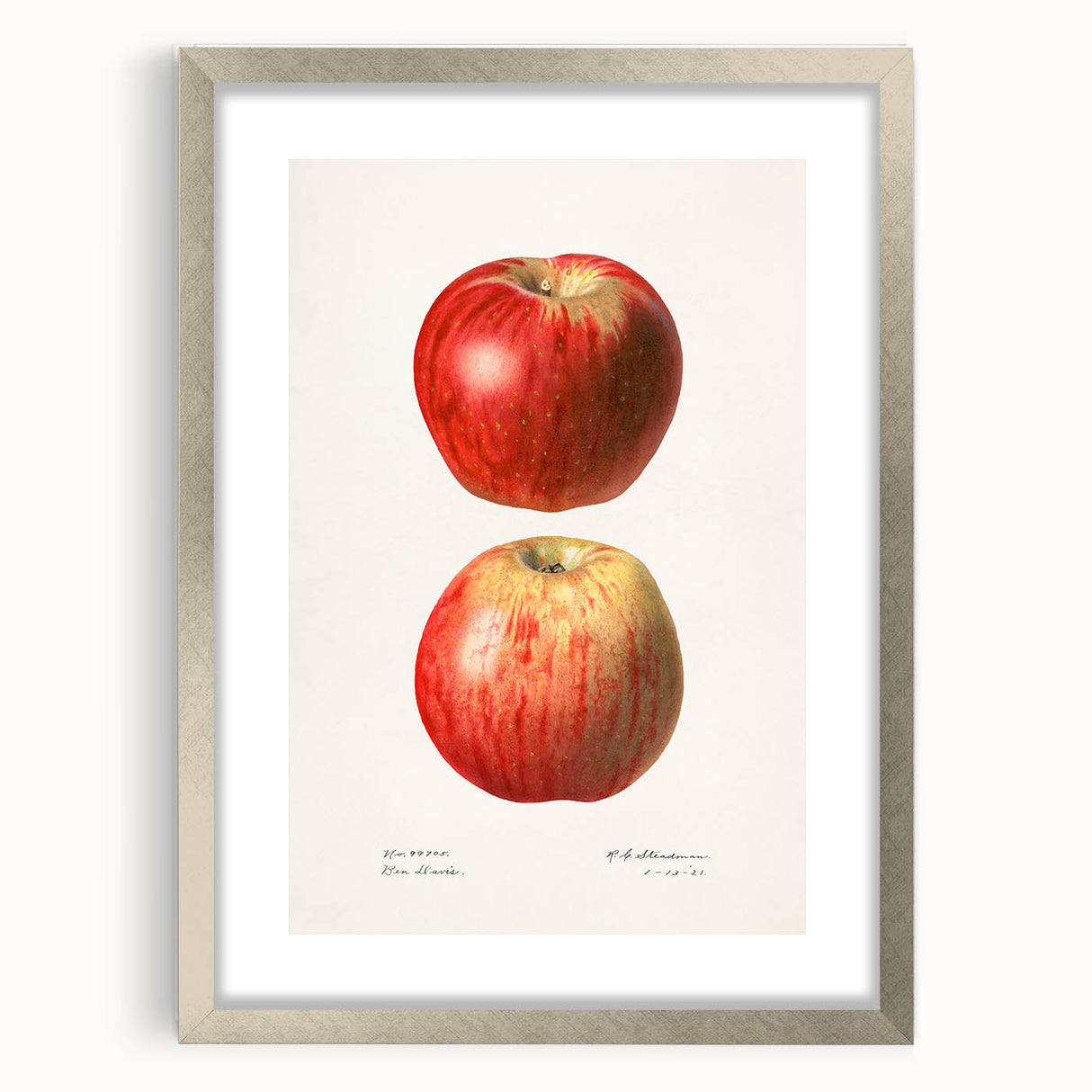 Textured art print of abstract fruits in vibrant colors, framed with a silver mat, suitable for bedroom decor.