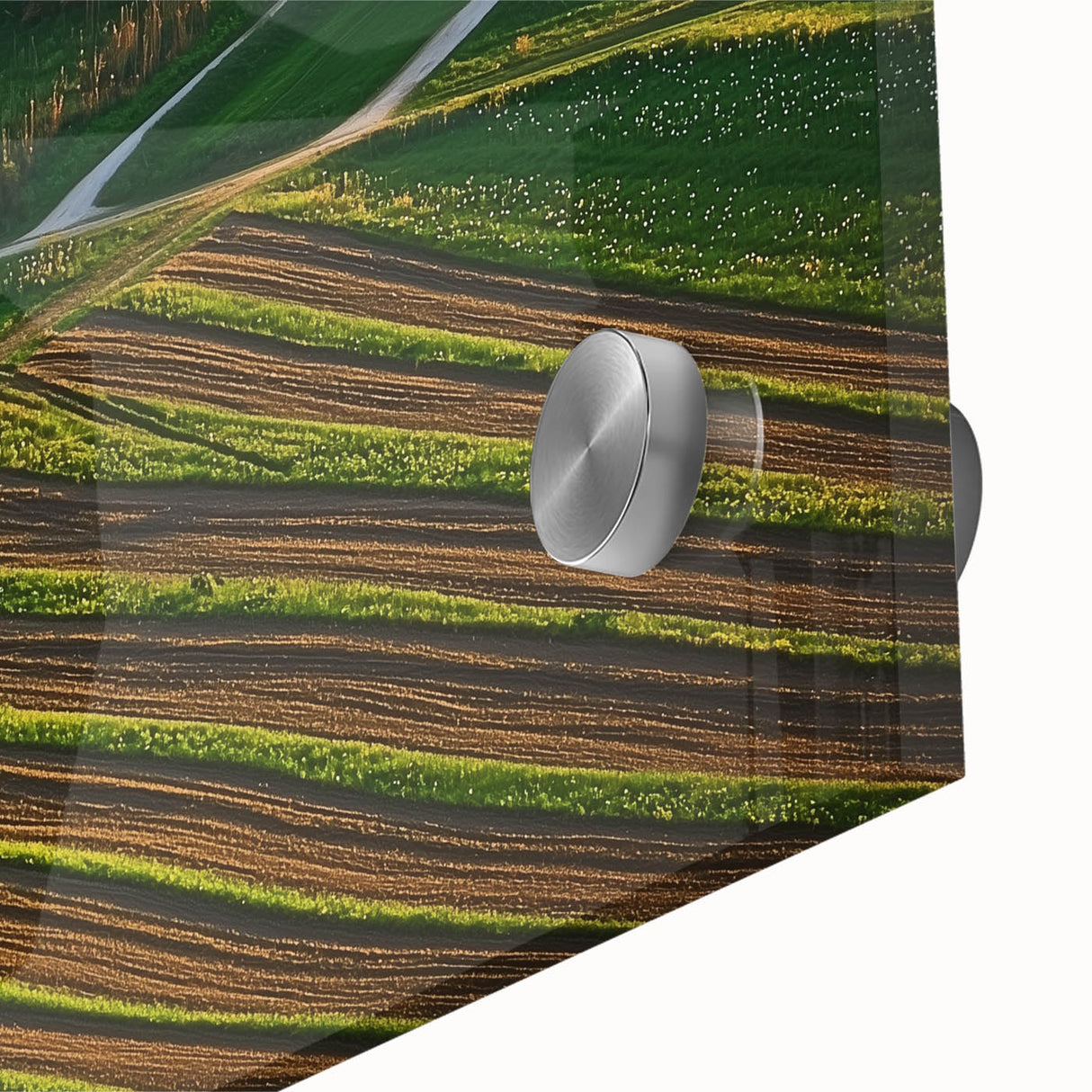 Close-up of a landscape acrylic glass artwork depicting a rustic barn scene, showcasing vibrant colors and intricate details that highlight the countryside beauty.