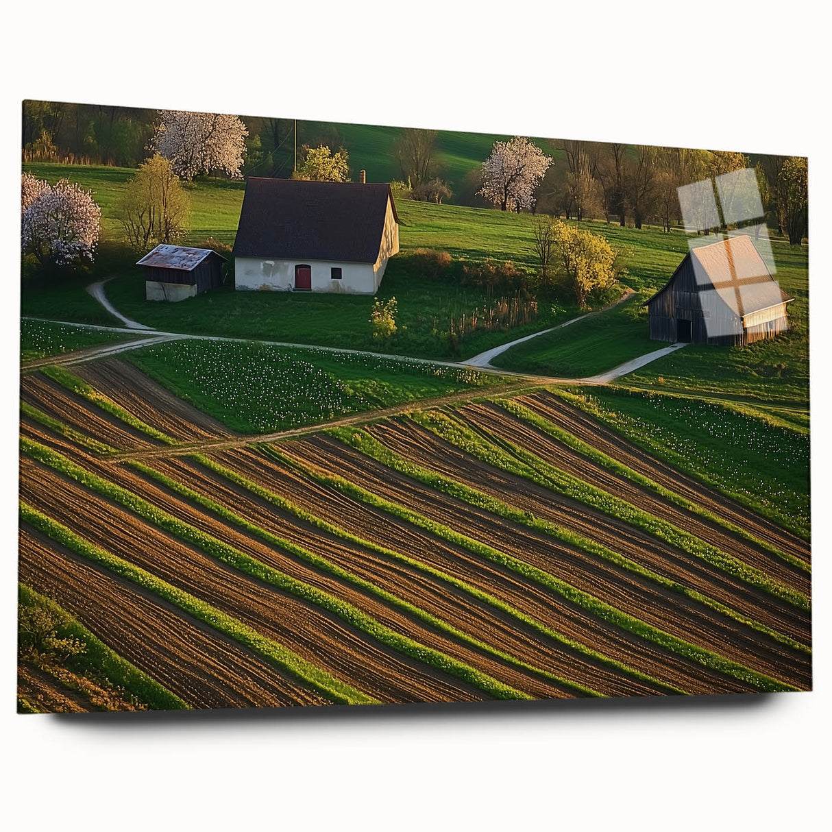 Acrylic glass side view of a modern barn design featuring a landscape illustration, showcasing vibrant colors and intricate details without pins for a sleek finish. Perfect for contemporary home decor.